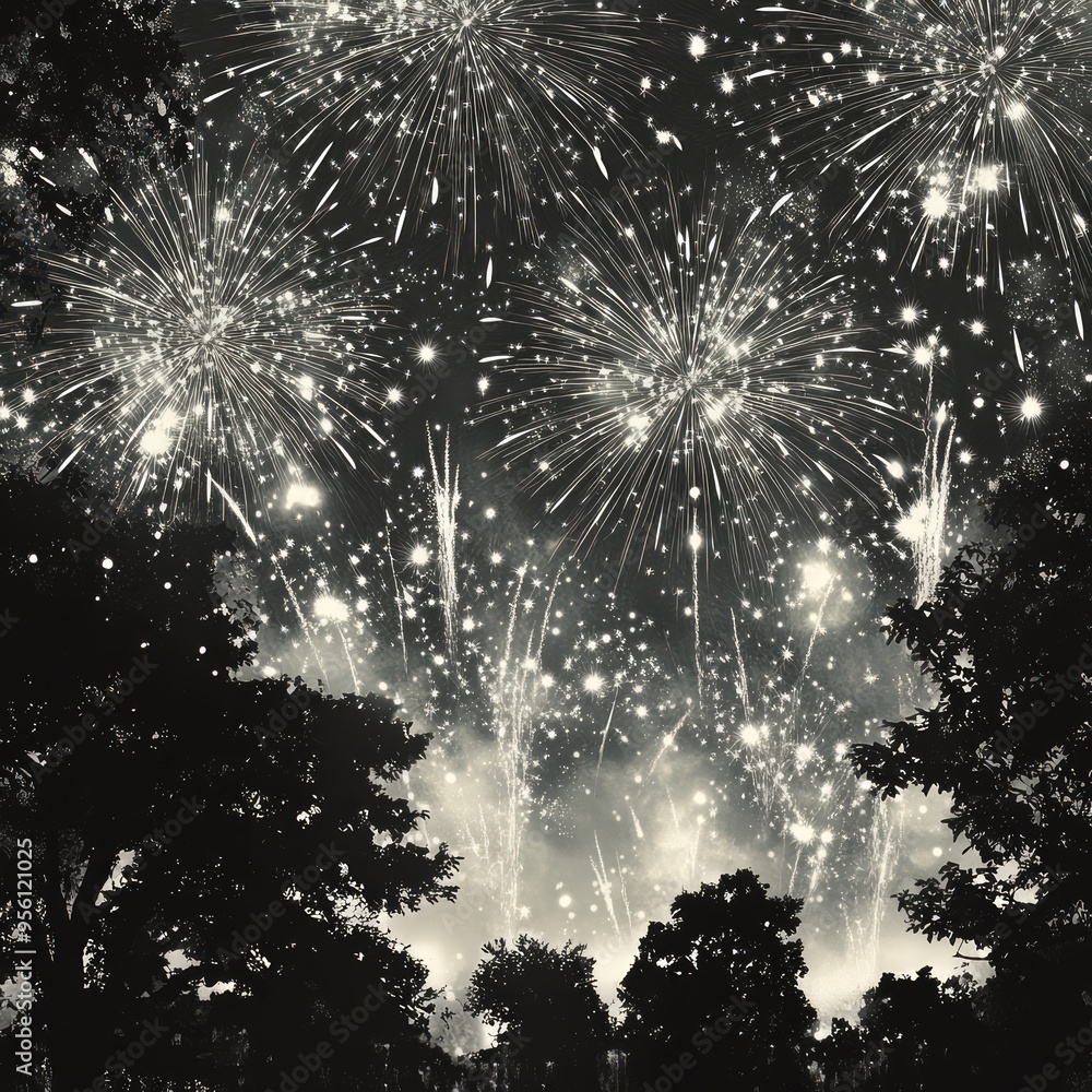 Poster A black and white image of fireworks exploding over a dark forest.