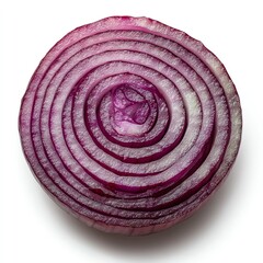 Close-up of a sliced red onion on a white background.