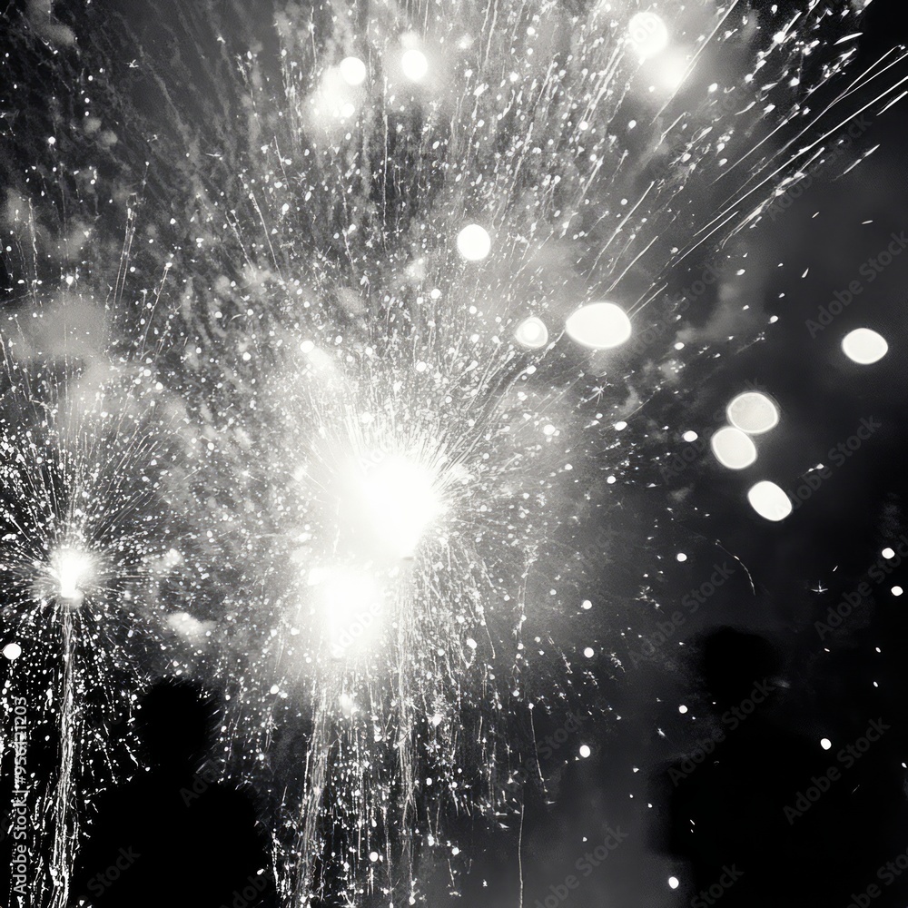 Sticker A black and white photograph of fireworks exploding in the night sky.