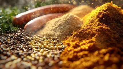 Close up of a Flavorful Spice Mix for Traditional German Sausages with Caraway Mustard Seed and Marjoram