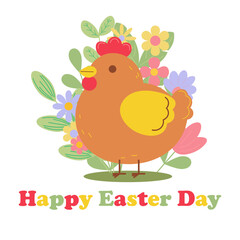 Happy easter card with hen, flowers. Minimalist holiday vector illustration
