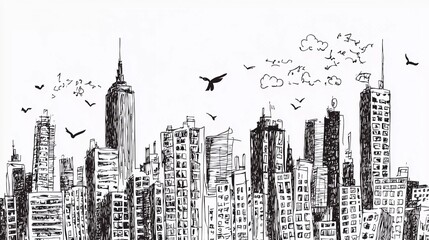 Hand drawn City Sketch for your design, Drawn in black ink on beautiful white background