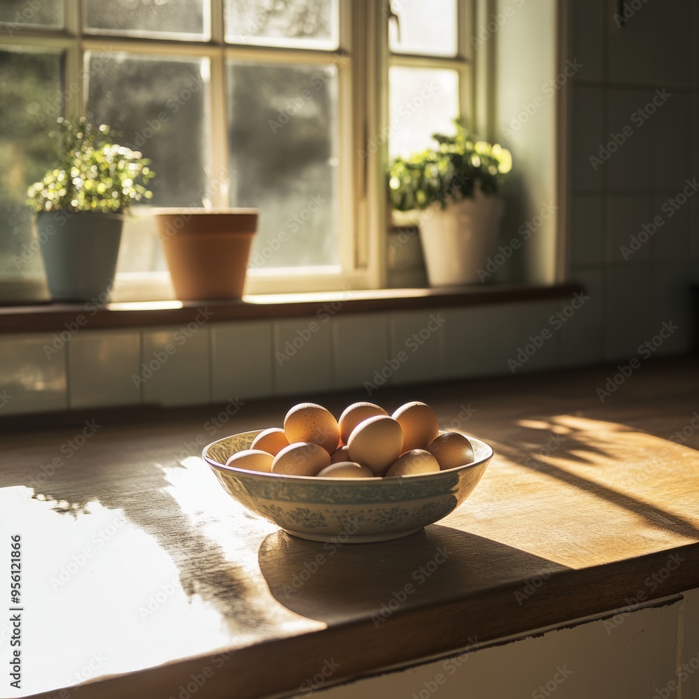 Poster A bowl of brown eggs sits on a wooden countertop in a kitchen window's sunlight.