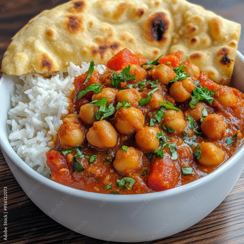 Wall mural A bowl of chickpea curry with rice and naan bread.