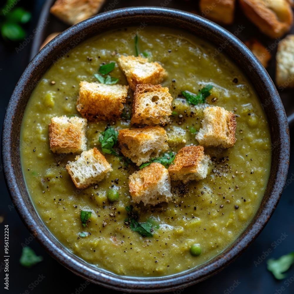 Sticker A bowl of creamy green pea soup garnished with croutons and parsley.