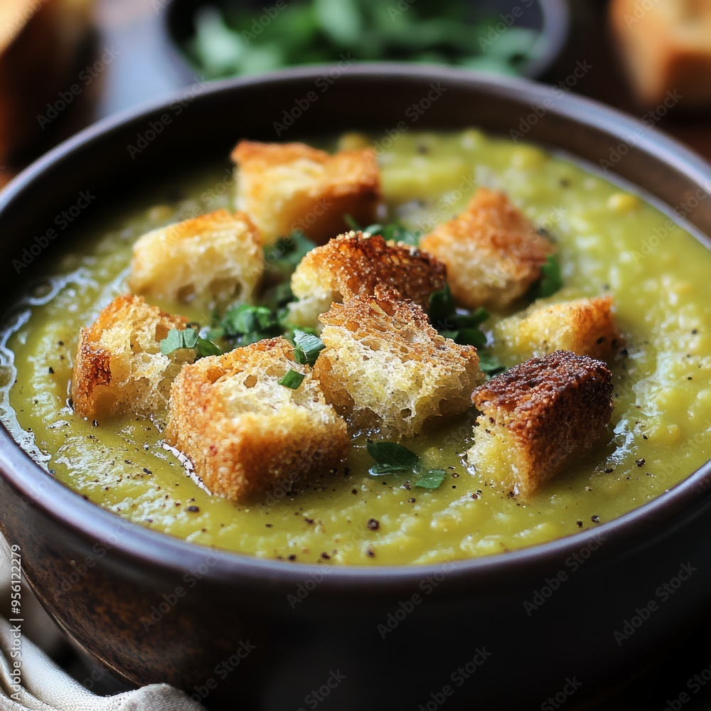 Sticker A bowl of creamy pea soup with croutons and fresh herbs.