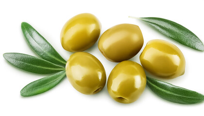 Green olives with leaves isolated on white background
