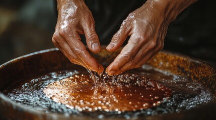 Fototapeta premium Hands carefully lowering a copper board into an acid bath, the liquid bubbling around the edges as circuit designs slowly emerge, realistic, cool tones, soft lighting, macro shot