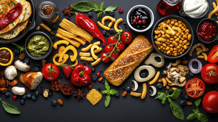 Delicious food spread featuring various ingredients like bread, tomatoes, and sauces, perfect for classic menu design.