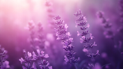 Fototapeta premium Lavender flowers blooming in a tranquil field under soft purple twilight hues during summer