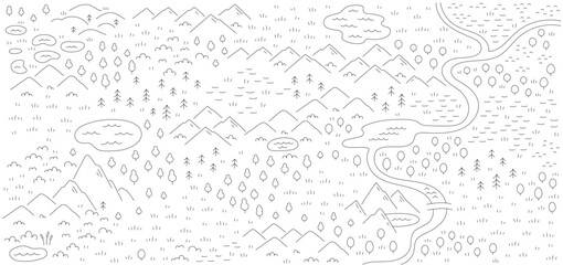 Area map sketch nature. Mountain river and forest. Vector editable outline line stroke.