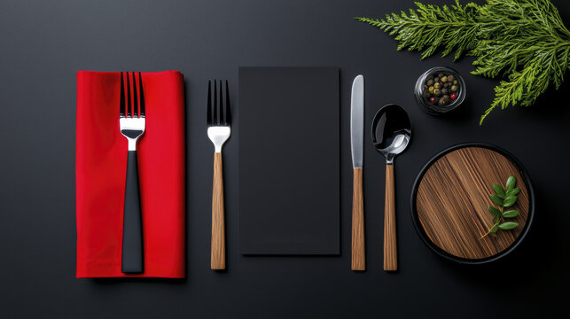 Minimalist menu design featuring simple typography, cutlery, and stylish arrangement. elegant setting evokes modern dining experience.
