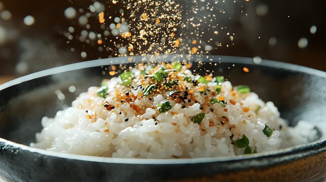 Closeup of Furikake Seasoning Sprinkled Over Steamed Rice in a Bowl Savory and Colorful Japanese Spice Dish
