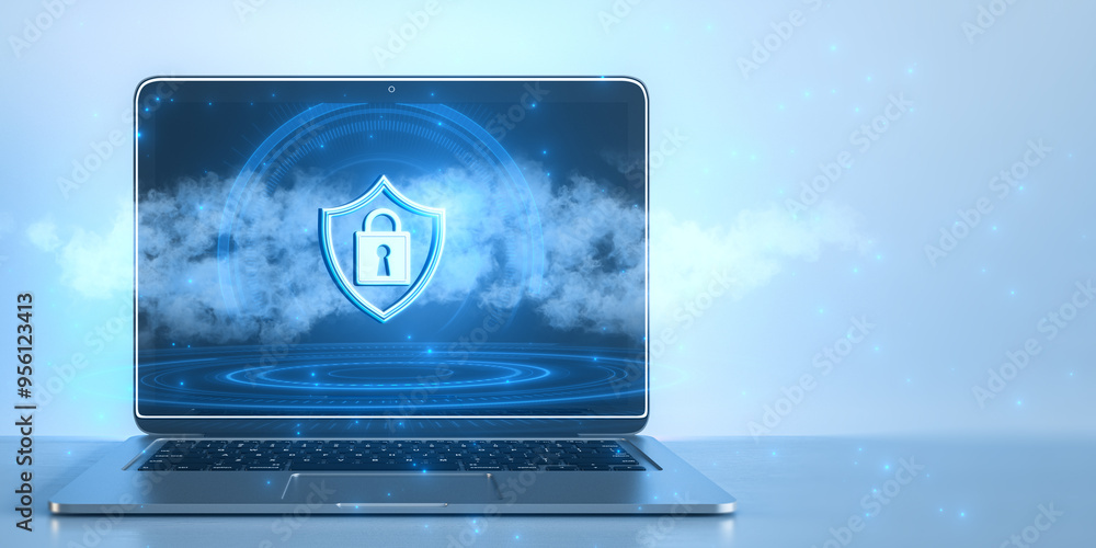 Poster Close up of laptop with glowing padlock and shield on cloud hologram. Blurry blue background with mock up place. Secure and protection concept. 3D Rendering.