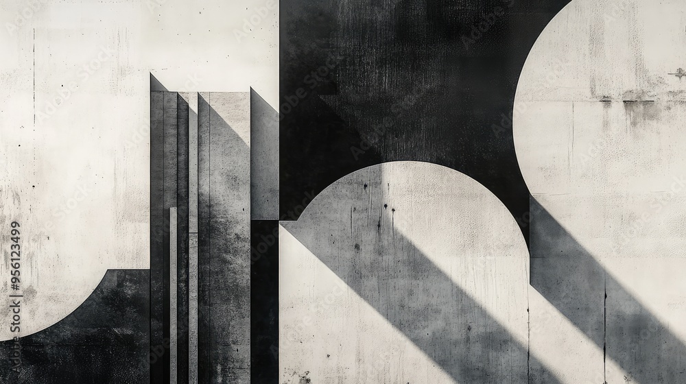 Poster a minimalist abstract design with simple geometric shapes in shades of white and black, creating a c