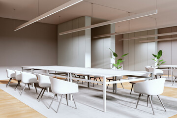 Modern meeting room interior with wooden flooring and glass partitions. 3D Rendering.