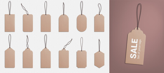 A set of realistic recycled paper price tags on a transparent background. Cardboard labels with a thread. Gift tags. Vector illustration. EPS 10.