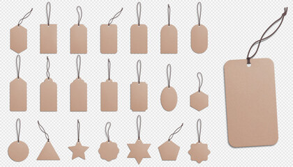 A set of realistic recycled paper price tags on a transparent background. Cardboard labels with a thread. Gift tags. Vector illustration. EPS 10.