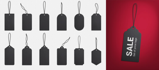 A set of realistic black price tags on a transparent background. Cardboard labels with a thread. Gift labels on a rope.  Vector illustration. EPS 10.