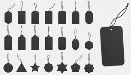 A set of realistic black price tags on a transparent background. Cardboard labels with a thread. Gift labels on a rope.  Vector illustration. EPS 10.