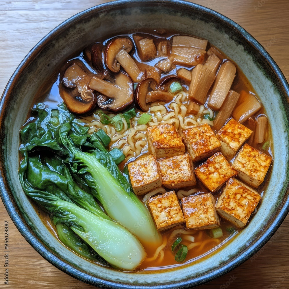 Poster A bowl of ramen noodles with tofu, mushrooms, and bok choy.