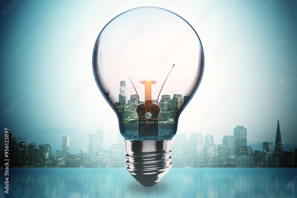 Aufkleber glowing glass light bulb on blurry city backdrop. idea and innovation concept. 3d rendering.