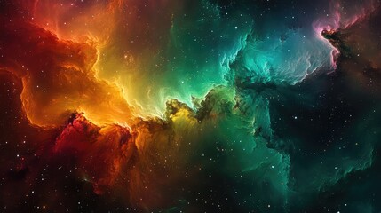 A swirling abstract nebula of vibrant colors, with shades of green and red blending together in a cosmic dance