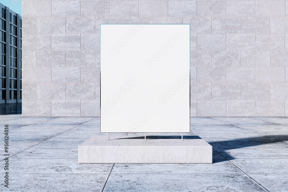 Poster empty white banner in front of building exterior. sunny day. commercial concept. mock up, 3d renderi