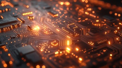 Obraz premium Magnified view of a copper PCB with delicate circuitry, subtle orange glow, detailed textures, high-resolution, modern technological feel, dark contrast background