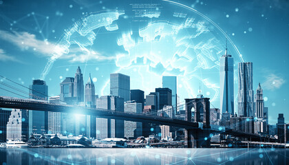 Obraz premium Creative city skyline background with glowing globe hologram. Smart city and future innovation concept. Double exposure.