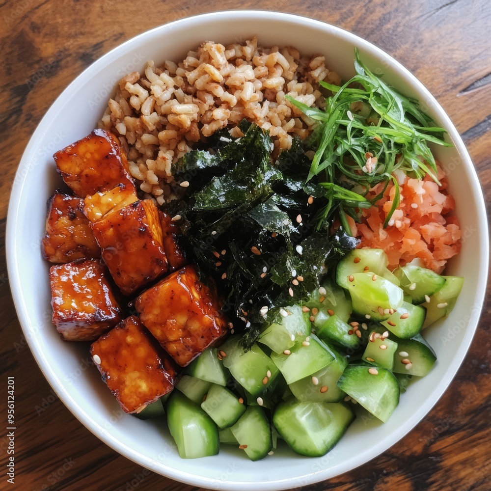 Sticker A bowl of tofu, rice, cucumber, seaweed, and carrot.