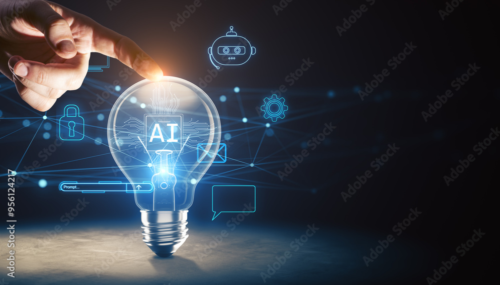 Poster close up of male hand pointing at glowing ai lamp on dark blue background. artificial intelligence a