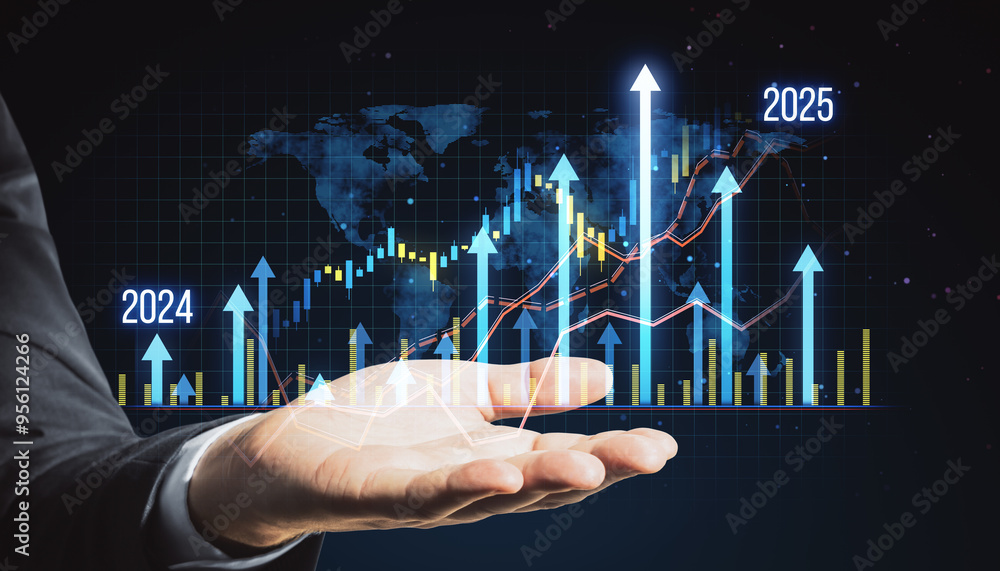 Canvas Prints Close up of businessman hand holding growing business chart grid hologram and map on dark background. Financial growth and fintech concept. Double exposure.