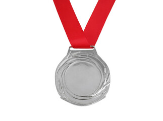 Silver medal with red ribbon isolated on white background.	