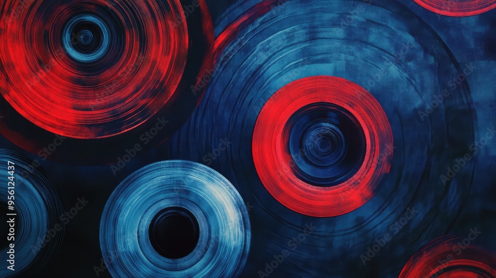 Poster abstract concentric circles of varying sizes, in shades of red and blue, creating a vibrant, dynamic