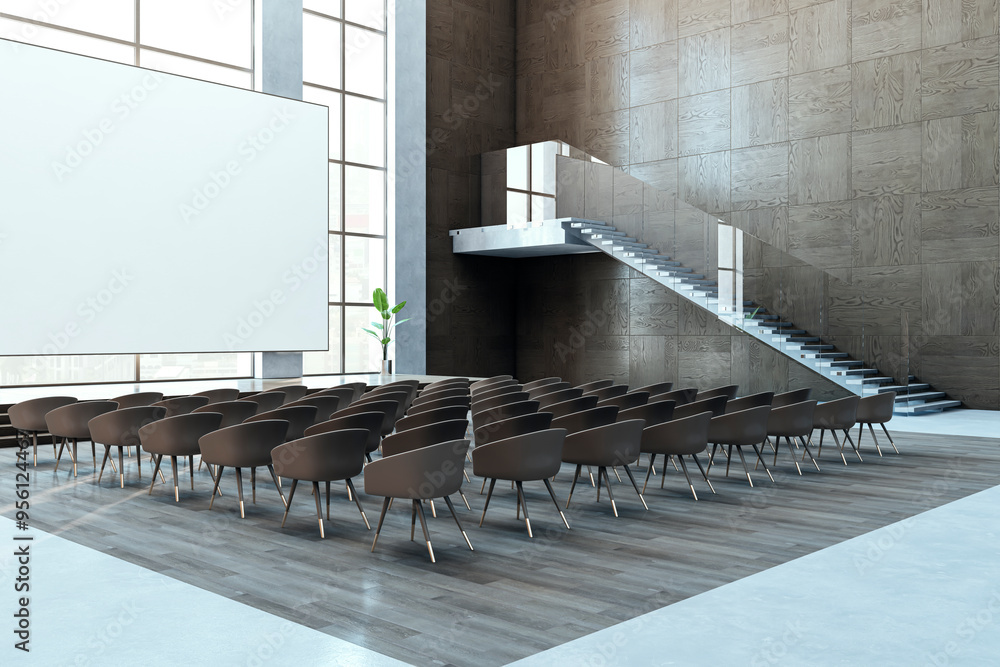 Poster Contemporary auditorium with windows and city view, mock up place. Education and lecture concept. 3D Rendering.