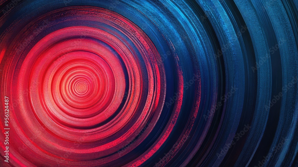 Poster abstract concentric circles of varying sizes, in shades of red and blue, creating a vibrant, dynamic