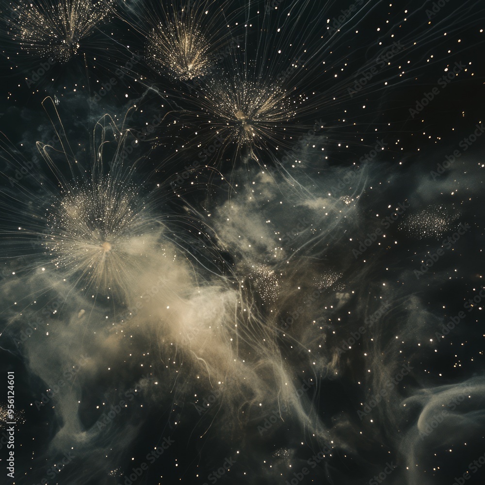 Canvas Prints A breathtaking display of fireworks with smoke trails against a starry night sky.