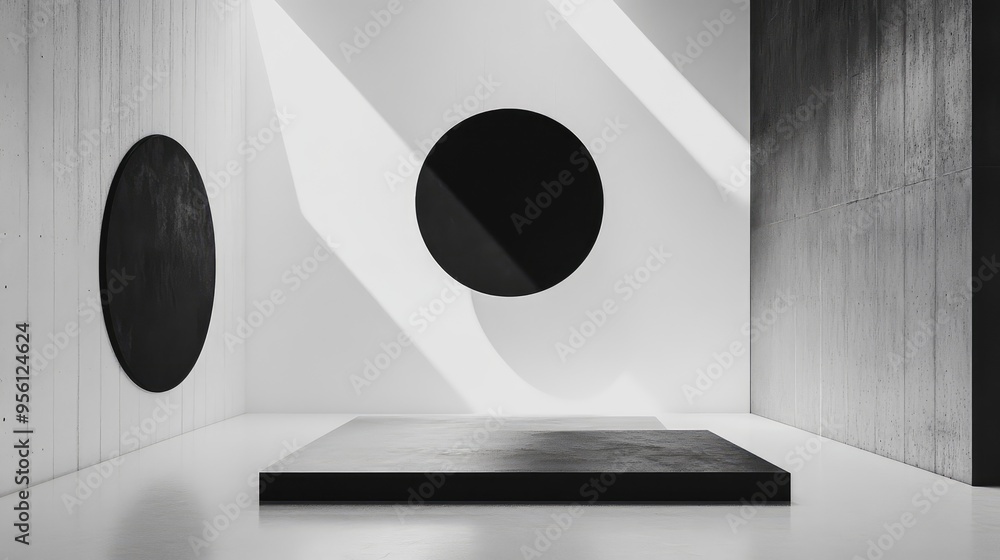Poster abstract floating shapes in shades of white and black, suspended in a void, creating a stark, minima
