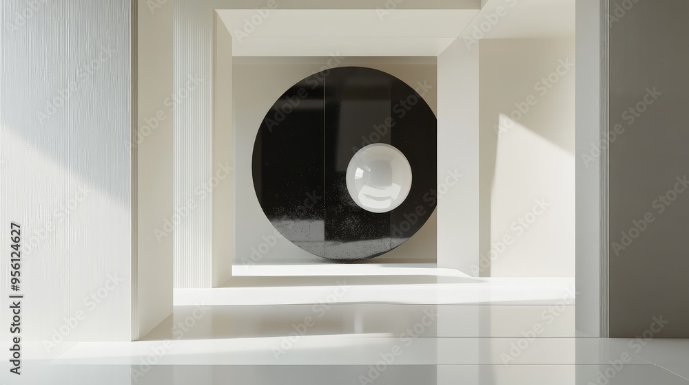 Poster abstract floating shapes in shades of white and black, suspended in a void, creating a stark, minima