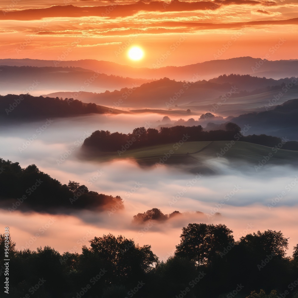 Sticker A breathtaking sunrise over a misty valley with rolling hills, creating a stunning landscape.