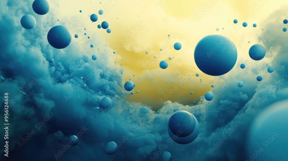 Poster abstract floating spheres in shades of blue and yellow, suspended in a void, creating a sense of dep