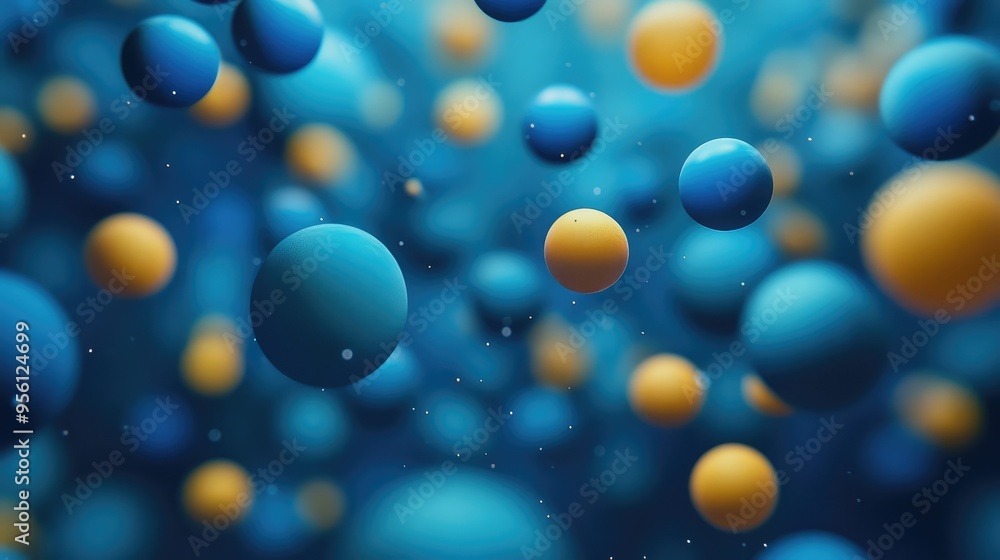 Poster abstract floating spheres in shades of blue and yellow, suspended in a void, creating a sense of dep