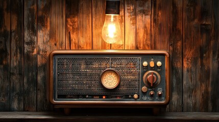 Rustic radio with visible copper wiring and aged components, illuminated by a single overhead light, creating dramatic shadows and a vintage atmosphere