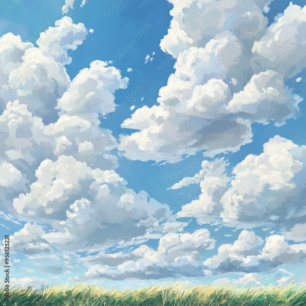 Poster A bright blue sky filled with fluffy white clouds above a field of green grass.