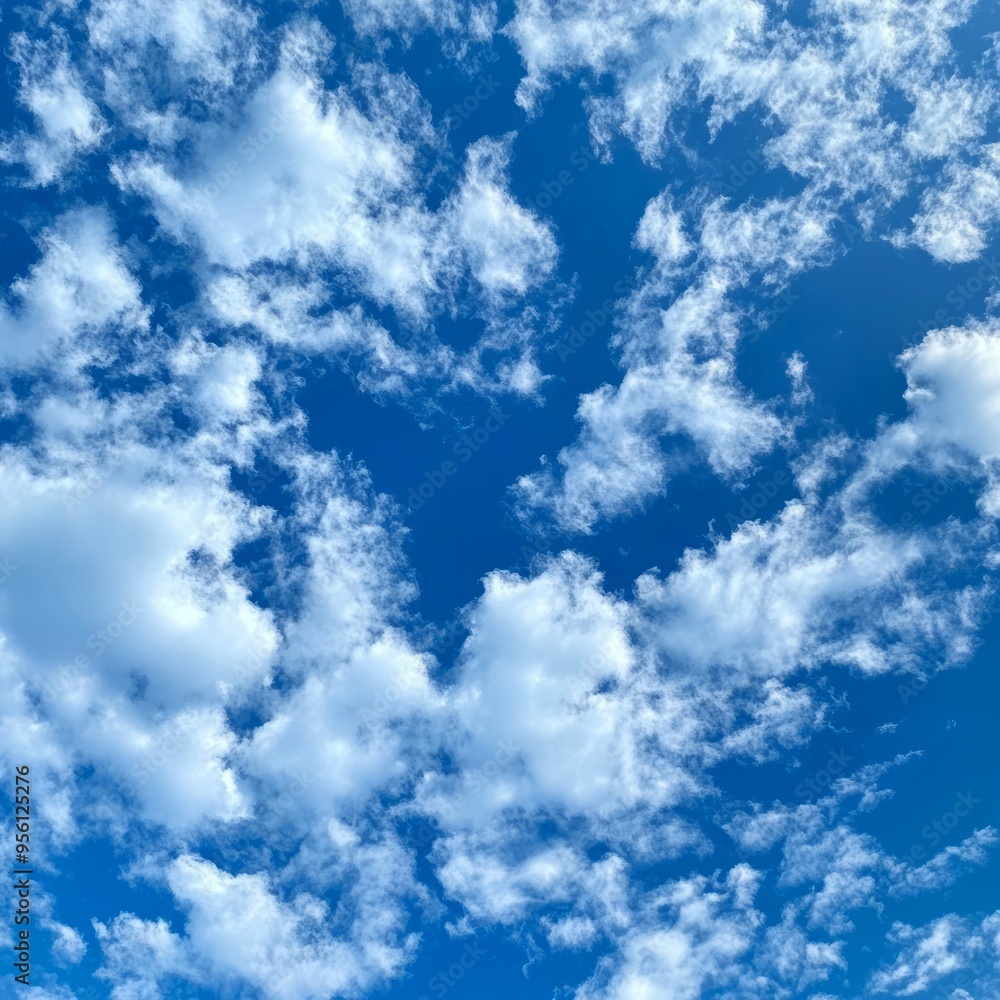 Wall mural A bright blue sky filled with fluffy white clouds.