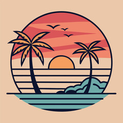 Summer sunset tropical beach line art vector illustration, hand drawn sunset and sunrise outline landscape tropical beach, palm tree with sunset waves