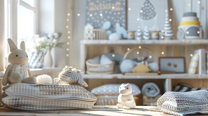 Luxurious newborn baby room in scandinavia complete with toys blankets and kid friendly items all things on wooden table