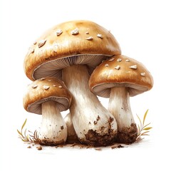 Fototapeta premium Three mushrooms with brown caps and white stems, isolated on white background.