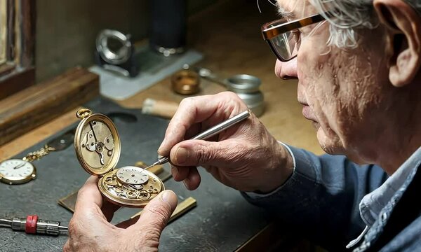 A watchmaker working on a vintage pocket watch